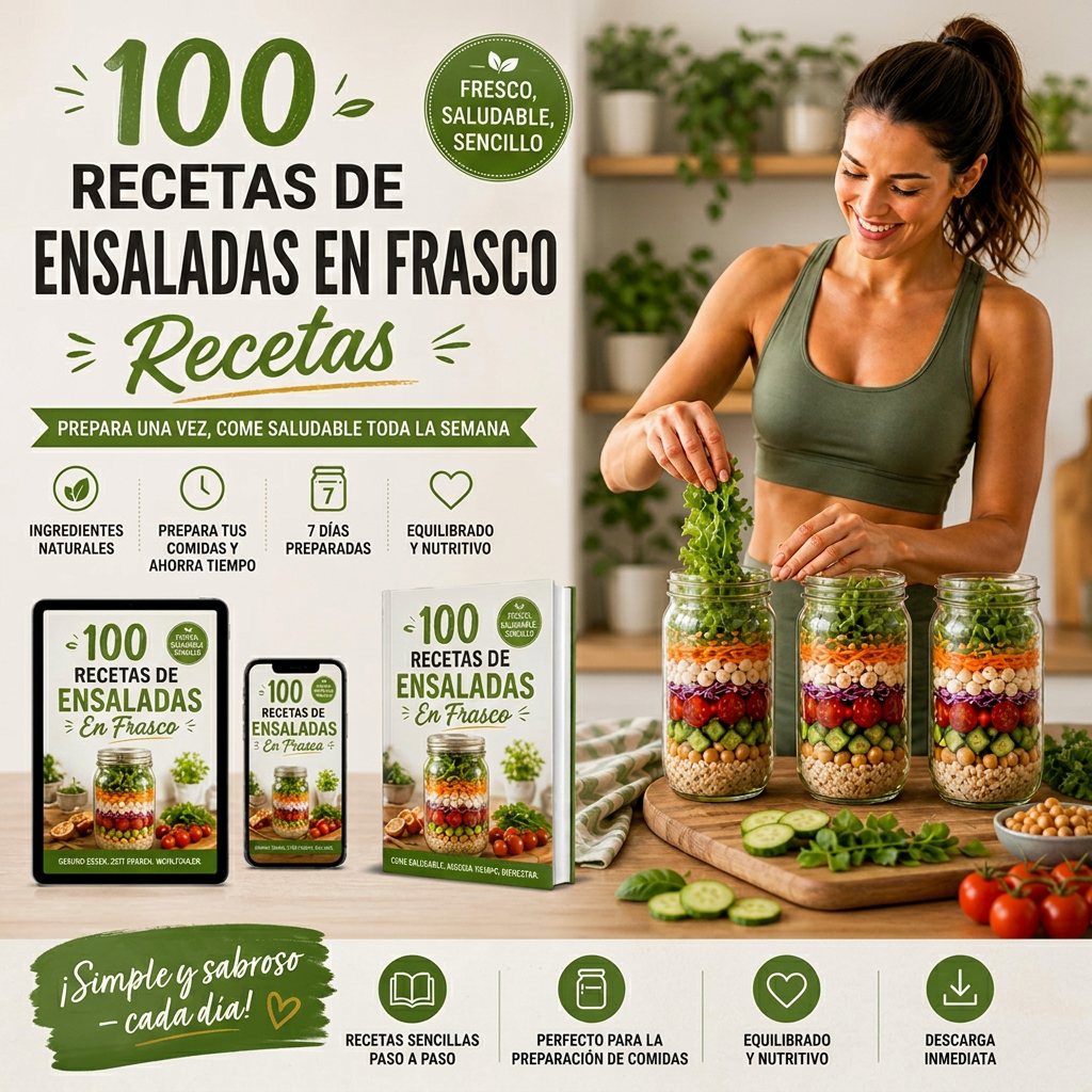 100 Recetas de Ensaladas en Frasco Mason – Mujer preparando ensaladas frescas en frasco