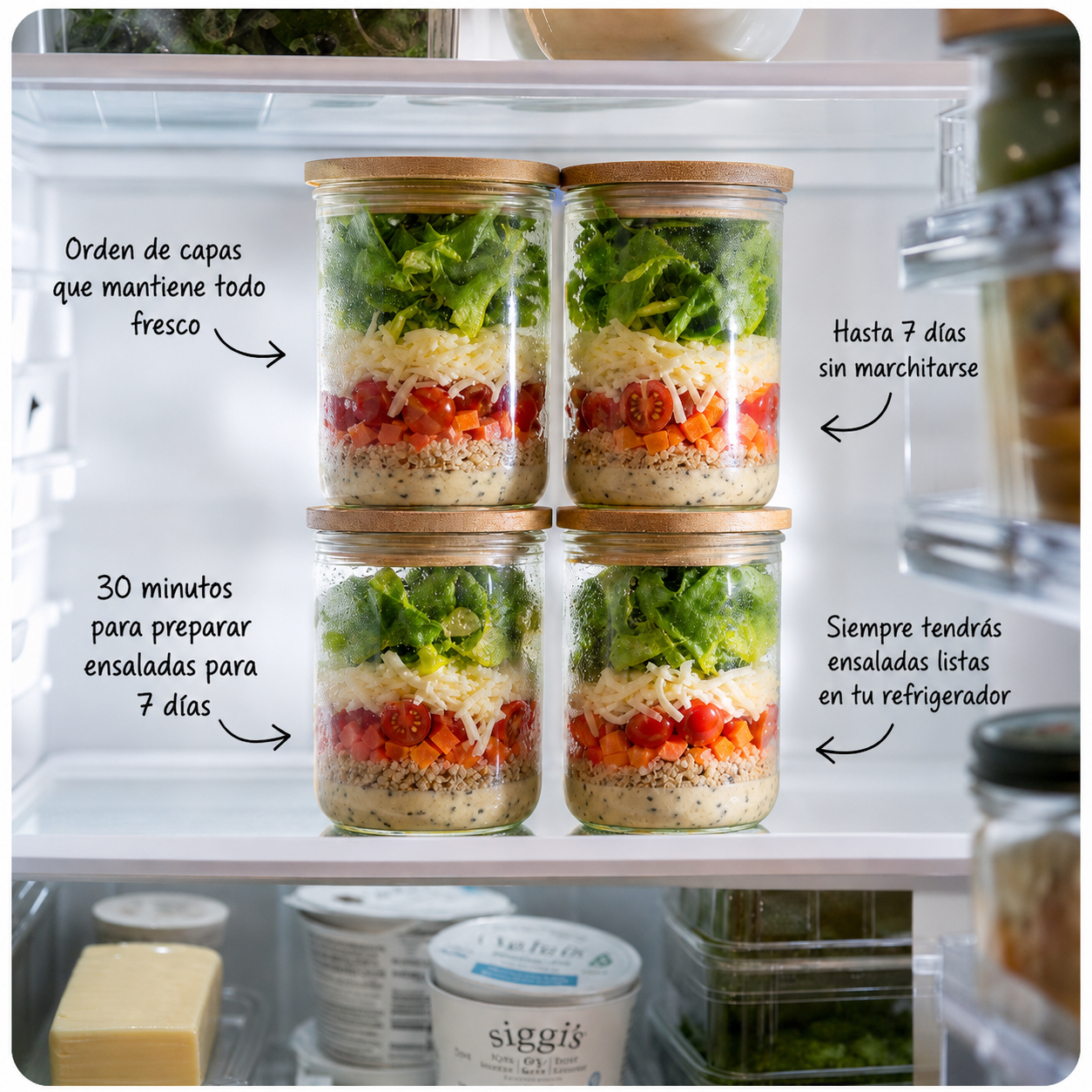 Ensaladas en frasco Mason apiladas en el refrigerador